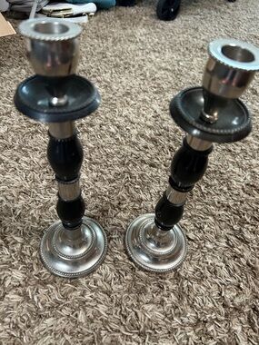 Black and Silver Turned Candlestick Pair